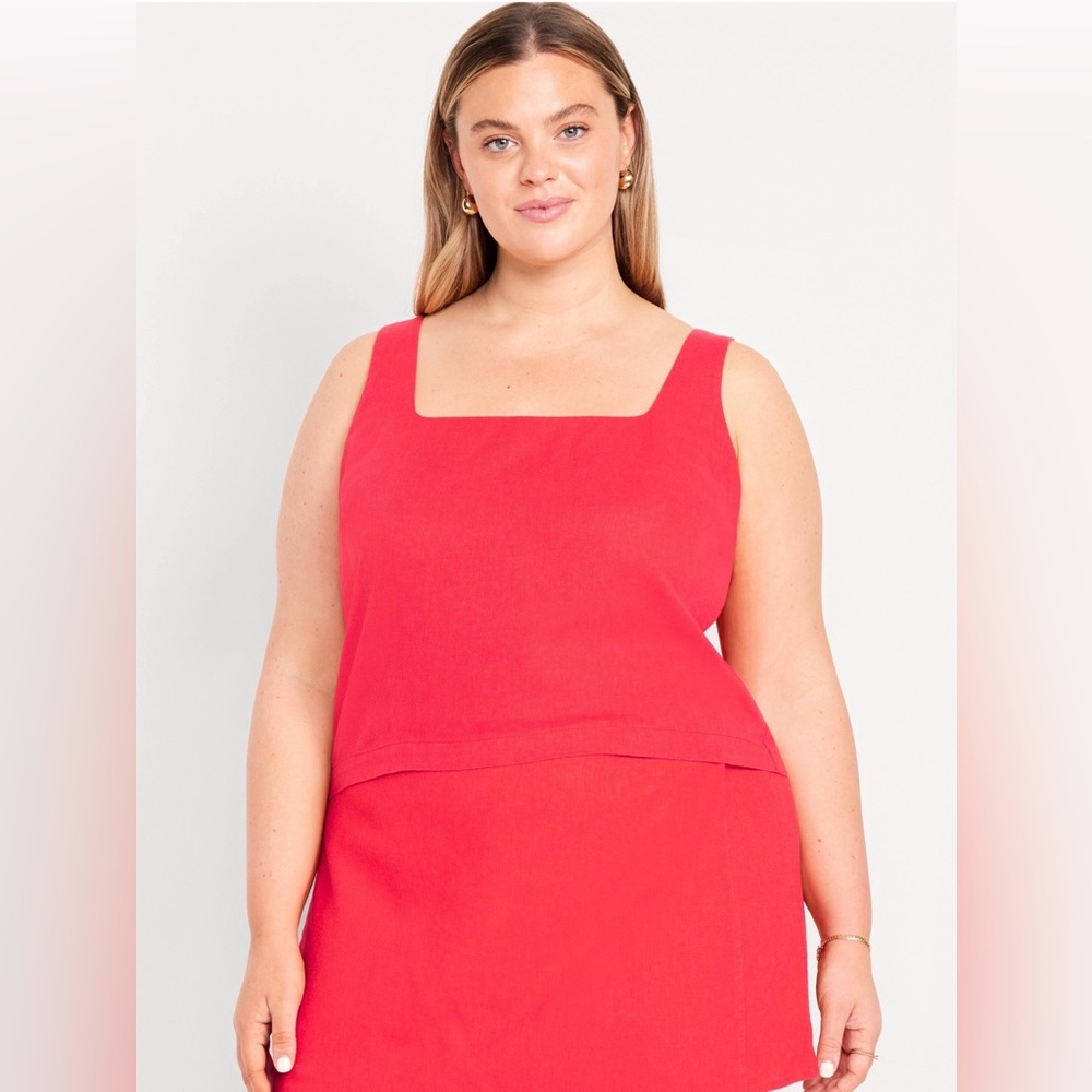Old Navy Linen Top Coral Cropped Square-Neck Top Linen-Blend 3X